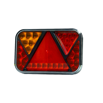 Fristom LED achterlicht model FT-270 met achterlicht onderaan, knipperlicht bovenaan en rechts de mistlamp LEDs. De behuizing is zeer heldere en glanzende transparante plastic