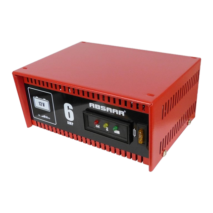 Absaar acculader 12 Volt - 6 Ampere met LED indicator in rode metalen behuizing