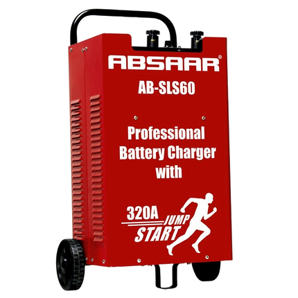 Professionele jump starter voor de autogarage of werkplaats in rode metalen behuizing van het Duitse merk Absaar. Opschrift van 320 ampere en type AB-SLS60