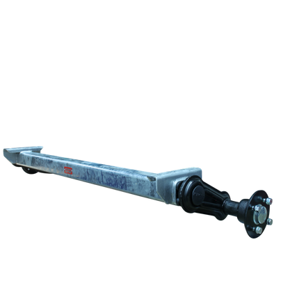 Zijaanzicht van een originele Knott torsieas model VG10-M met een draagvermogen van 1050kg. Uitvoering met padmaat 125cm en flensmaat 162cm.