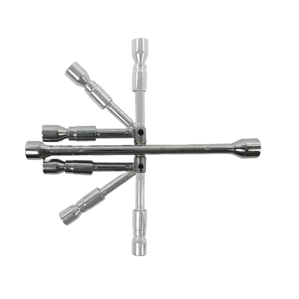 Opplooibare of opvouwbare metalen kruissleutel voor het losdraaien of vastdraaien van bouten en moeren van wielen. Deze neemt weinig plaats in want 2 armen kunnen geplooid worden.