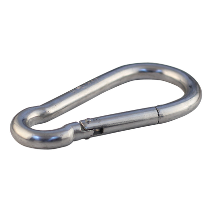 karabijnhaak veiligheidshaak met een dikte van 8mm en een lengte van 80mm. Op de haak is de maximale last van 230kg vermeld en ingegraveerd.