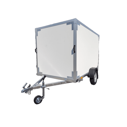 Gesloten aanhangwagen - enkelas - 258x150 cm - 750KG met witte PPL panelen en vergrendelbare draaideuren.