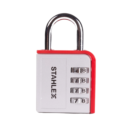 origineel hangslot merk Stahlex met 4 rijen cijfers in wit-oranje uitvoering. Dit hangslot is een veiligheidscategorie C slot. Dit cijferslot is een Stahlex superlock serie slot.