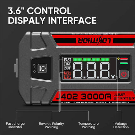 Lokithor J402 snellader jumpstarter met ingebouwde LiPo batterij. Indicator voor snelladen, temperatuur waarschuwing, en spanningsdetectie van de batterij