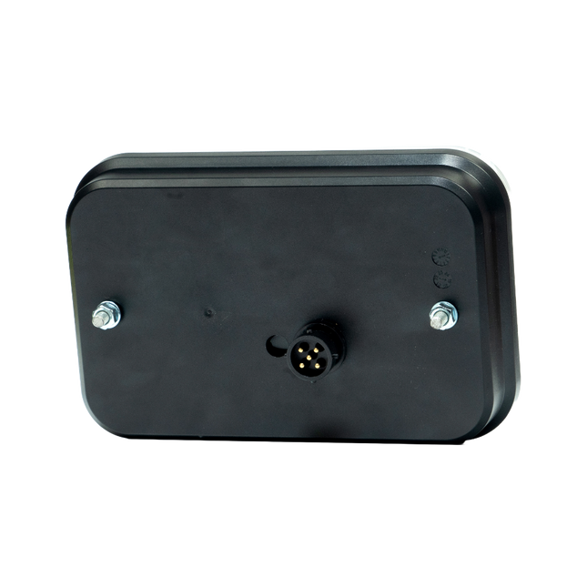 Fristom LED achterlicht model FT-270 met een afbeelding van de 5 pins bajonet aansluiting voor Aspock verlichtingskabels