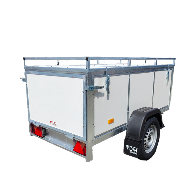 VDM Trailer bagagewagen met witte PPL panelen (travel trailer) met opklapbaar bagagedeksel en achterklep. 