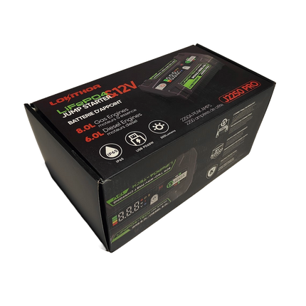 Lokithor J2250 PRO in de originele verpakking met vermelding van LiFePO4 jump starter en tekst "batterie d'appoint". De iconen 'USB PD60W' en '300 Lumens' staan ook afgebeeld op deze doos. De J2250 is IP65 waterdicht.