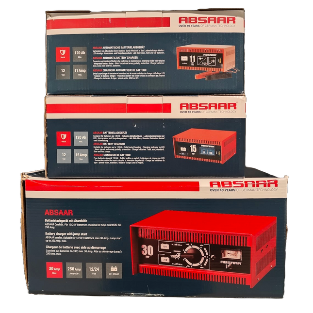 3 Absaar acculaders elk in afzonderlijke originele verpakking: Absaar 11A, Absaar 15A en Absaar 30A batterij laders voor 6V, 12V tot 24V. Geschikt voor moto's, auto's en camions (vrachtwagens). 