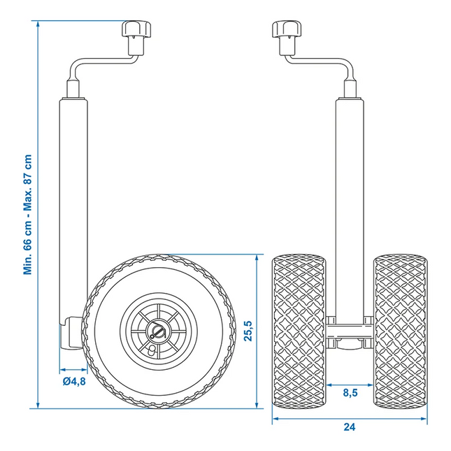 Technische tekening met afstanden en maten van het neuswiel met dubbele wielen. De minimale hoogte is 66cm, de maximale hoogte toont 87cm. Op de tekening staan de wielen met een diameter van 25,5cm. De totale breedte van dit steunwiel op de tekening toont 24cm.
