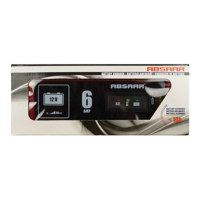 Absaar acculader 12 Volt - 6 Ampere met LED indicator in rode metalen behuizing