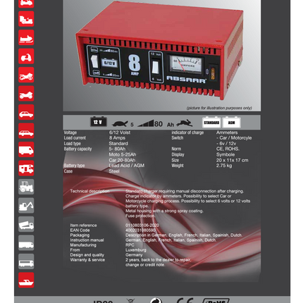 Technical sheet Absaar battery charger 8Amp 6/12V 2 year warranty  and service for motorbike and passenger vehicles