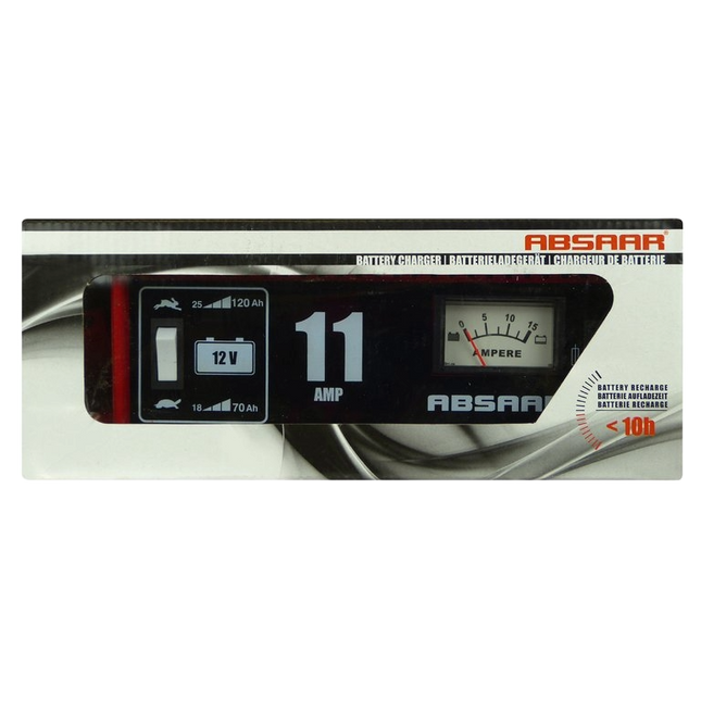 Acculader merk Absaar met analoge display (ampere meter) geschikt voor een laadstroom van 11A bij 12 volt. Rode behuizing met vervangbare veiligheid 20 ampere. Op de lader is ook een knop met selectie konijn of schildpad voor traag of snel laden.
