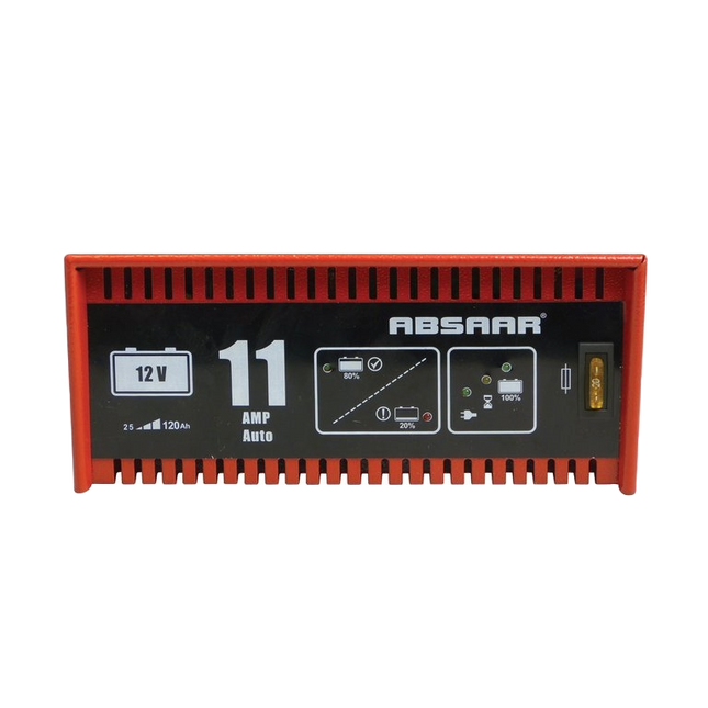 Rode metalen behuizing Absaar acculader geschikt voor 12 Volt lood zuur, AGM en Gel accu's van auto's, campers of boten met een Accucapaciteit van 25-120Ah. Laadvermogen van maximaal 11 Ampère. acculader schakelt automatisch over naar de onderhoudsmodus wanneer het laden voltooid is. LED Laad indicatoren die de laadstatus van de accu weergeven.
