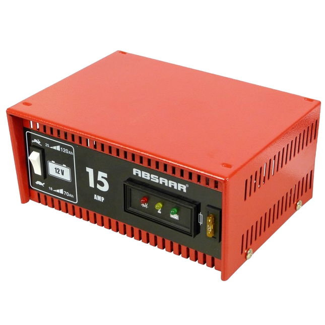 Acculader 12V auto batterij oplader van Absaar met rode behuizing en LED laad indicatoren. Knop voor snel of traag opladen met 15 ampère van de batterij van de aanhangwagen of caravan.