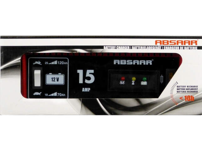 Acculader 12V auto batterij oplader van Absaar met rode behuizing en LED laad indicatoren. Knop voor snel of traag opladen met 15 ampère van de batterij van de aanhangwagen of caravan.
