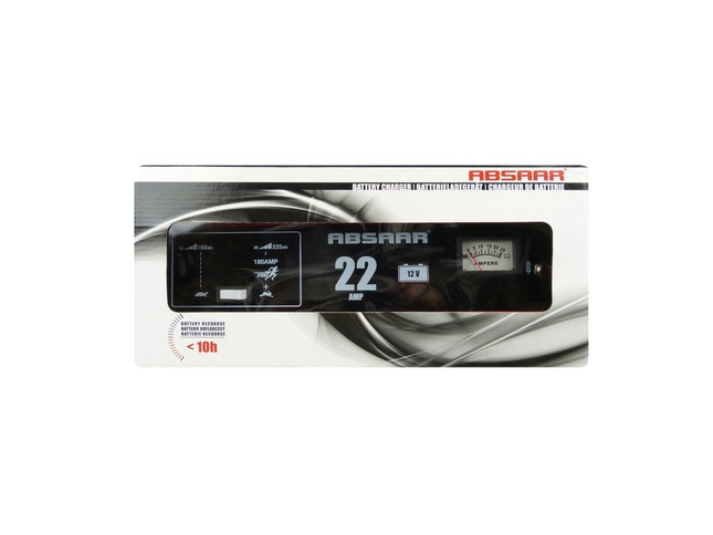 Jumpstarter en acculader merk Absaar met rode behuizing en opschrift 22A maximale laadstroom. De voorzijde toont een analoge display (ampere meter) en een schakelaar om te kiezen tussen traag of standaard laden. Het model is een SH180 12V