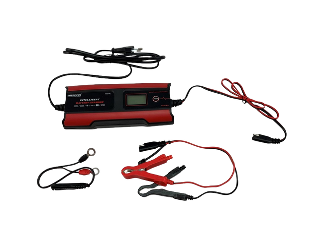 Slimme rode acculader/ druppellader voor 6V en 12V accu's van motoren, auto's, boten, caravans en 12V Lithium accu's. Deze Absaar acculader is volledig automatisch met een vermogen van maximaal 4A en heeft een knop met "mode" vooraan rechts op de behuizing. De behuizing van deze lader is rood en zwart en spatwaterdicht.