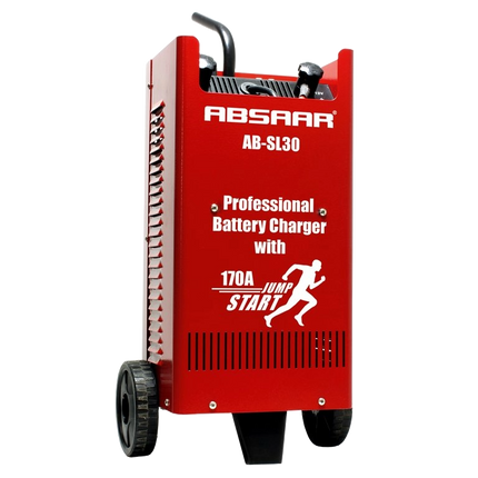 Accu batterij lader en jumpstarter AB-SL30 van merk Absaar in rode behuizing op wielen om gemakkelijk te verplaatsen.