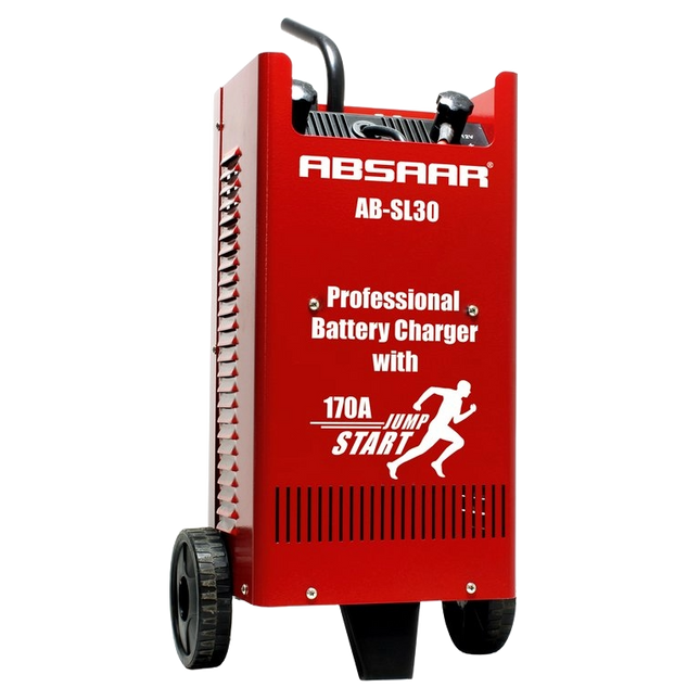 Accu batterij lader en jumpstarter AB-SL30 van merk Absaar in rode behuizing op wielen om gemakkelijk te verplaatsen.