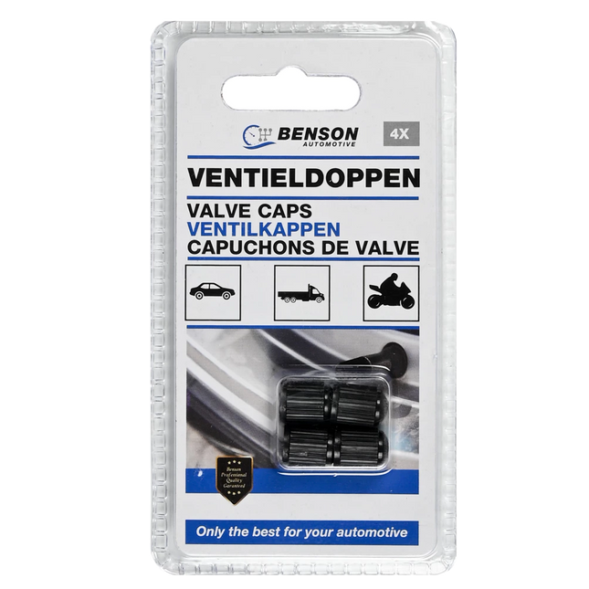 Verpakking (blister) van Benson met 4 zwarte plastic ventieldoppen hoge kwaliteit voor op Schräder ventielen van autobanden, caravan banden en aanhangwagen wielen. Opschrift "only the best for your automotive"