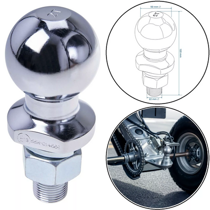 koppeling kogel 50 millimeter koppelingskogel 50mm verchroomd staal 2000kg getoond en gemonteerd op een quad voertuig achteraan