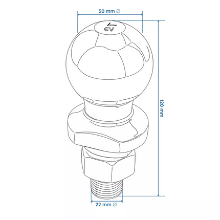 koppeling kogel 50 millimeter koppelingskogel 50mm verchroomd staal 2000kg afmetingen worden getoond op de technische tekening