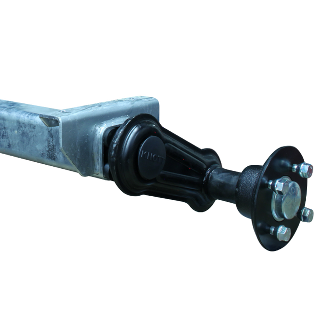 Detail van de naaf en veerarm van een originele Knott torsieas model VG10-M met een draagvermogen van 1050kg. Uitvoering met padmaat 125cm en flensmaat 162cm.