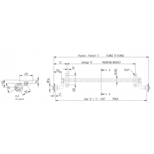 Technische tekening met maten van een vering voor ongeremde aanhangwagens 750kg. Deze torsie vering is een torsieas van Knott model VG7-L met een padmaat van 125cm.