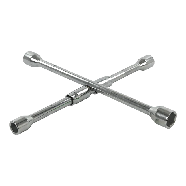 Opplooibare of opvouwbare metalen kruissleutel voor het losdraaien of vastdraaien van bouten en moeren van wielen. Deze neemt weinig plaats in want 2 armen kunnen geplooid worden.