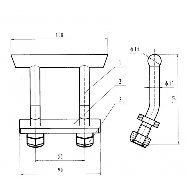 technische tekening van een vloeranker 107x99mm met bevetiging M12 met stroppenplaat en borgmoeren