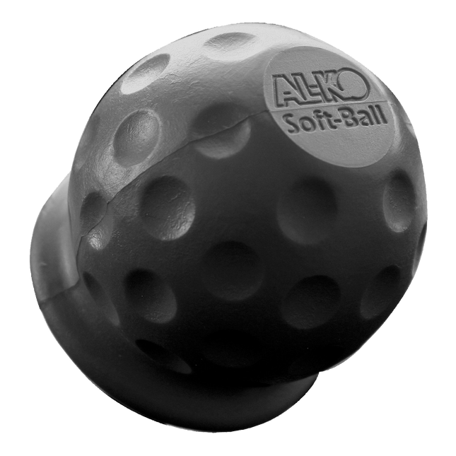 Zijaanzicht van een originele soft-ball van het merk AL-KO. Deze soft ball is uitgevoerd in kleur zilver. Deze grijze trekhaakdop is vervaardigd uit zacht rubber.