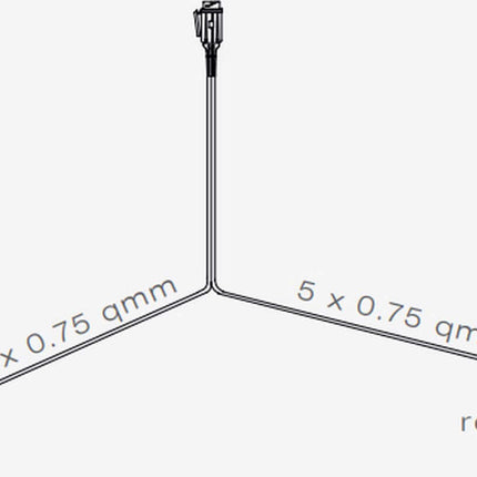 Technische tekening van een kabelboom merk Aspöck met een lengte van 5 meter en een 13-pins stekkerkop. Er zijn 2 afzonderlijke kabels links en rechts met de standaard 5-pins bajonet aansluiting compatibel met verschillende merken van achterlichten.