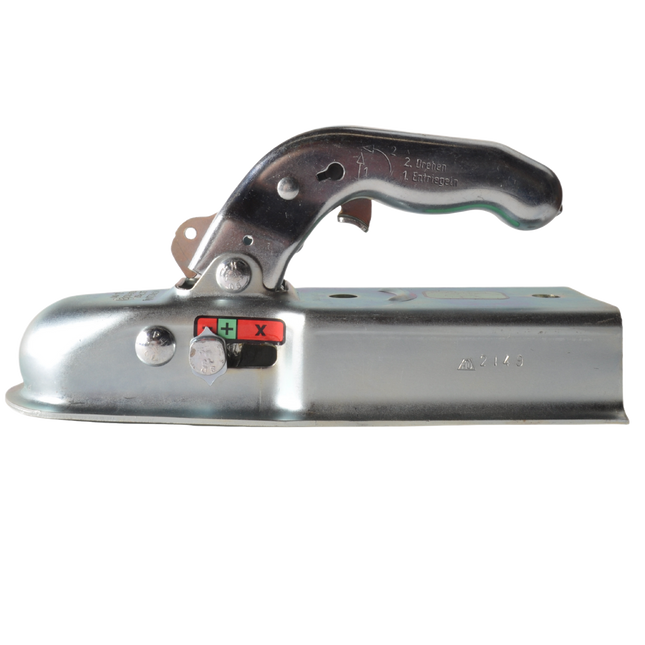 Zijaanzicht van een kogelkoppeling voor aanhangwagens 750kg met een dissel vierkant profiel 70mm. Model Knott 7,5-M