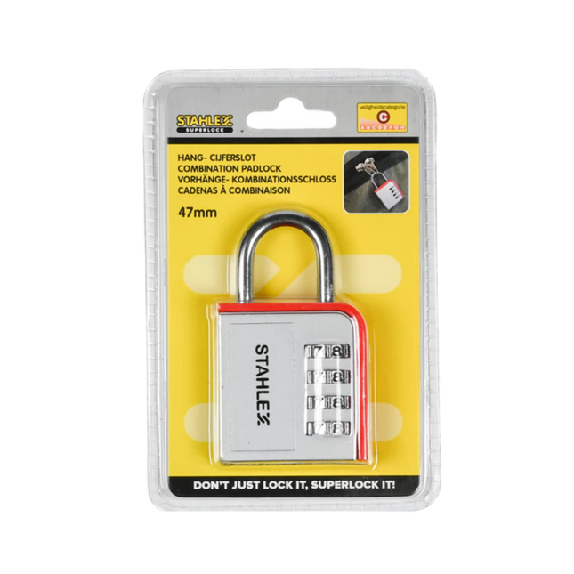 origineel hangslot merk Stahlex met 4 rijen cijfers in wit-oranje uitvoering. Dit hangslot is een veiligheidscategorie C slot. Dit cijferslot is een Stahlex superlock serie slot. Het slot wordt getoond in de original plastic verpakking of blister.