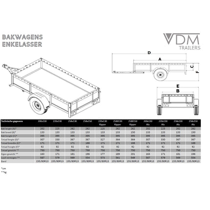 Bakwagen - enkelas - 258x130cm - 750KG