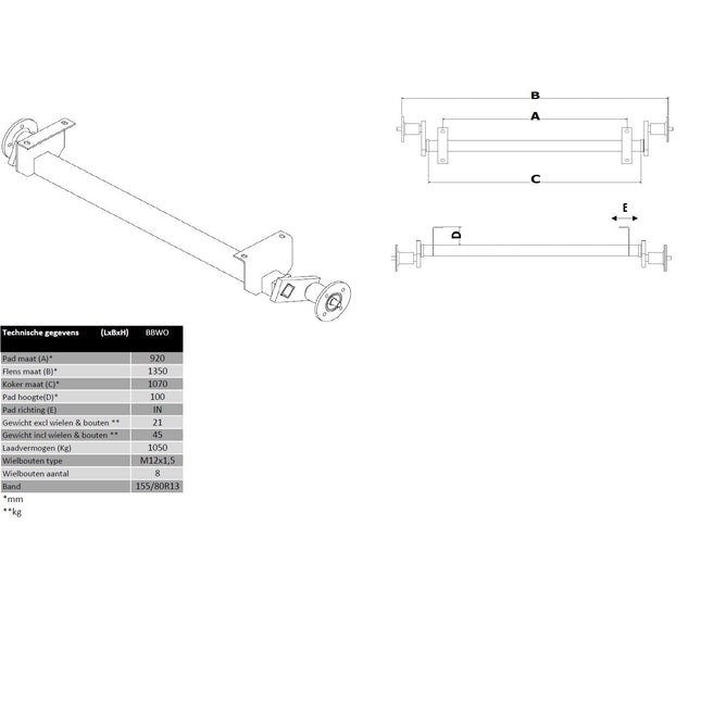Torsieas - 1050kg - model plateauwagen - VDM Trailers